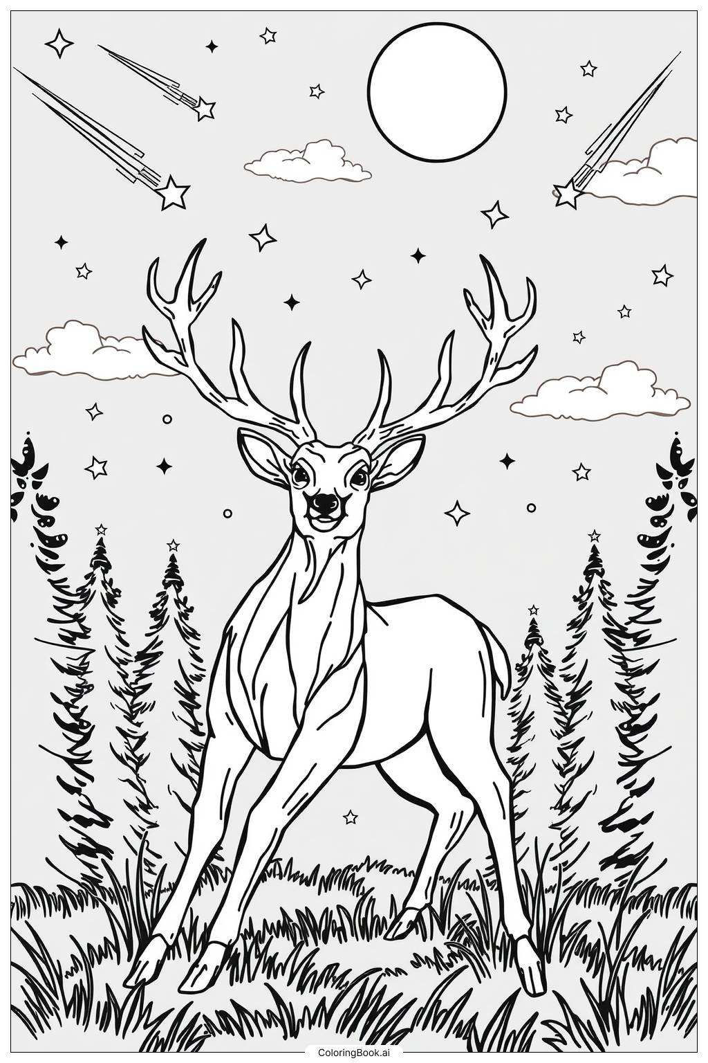  Deer Under Starlight-2 Coloring Page 