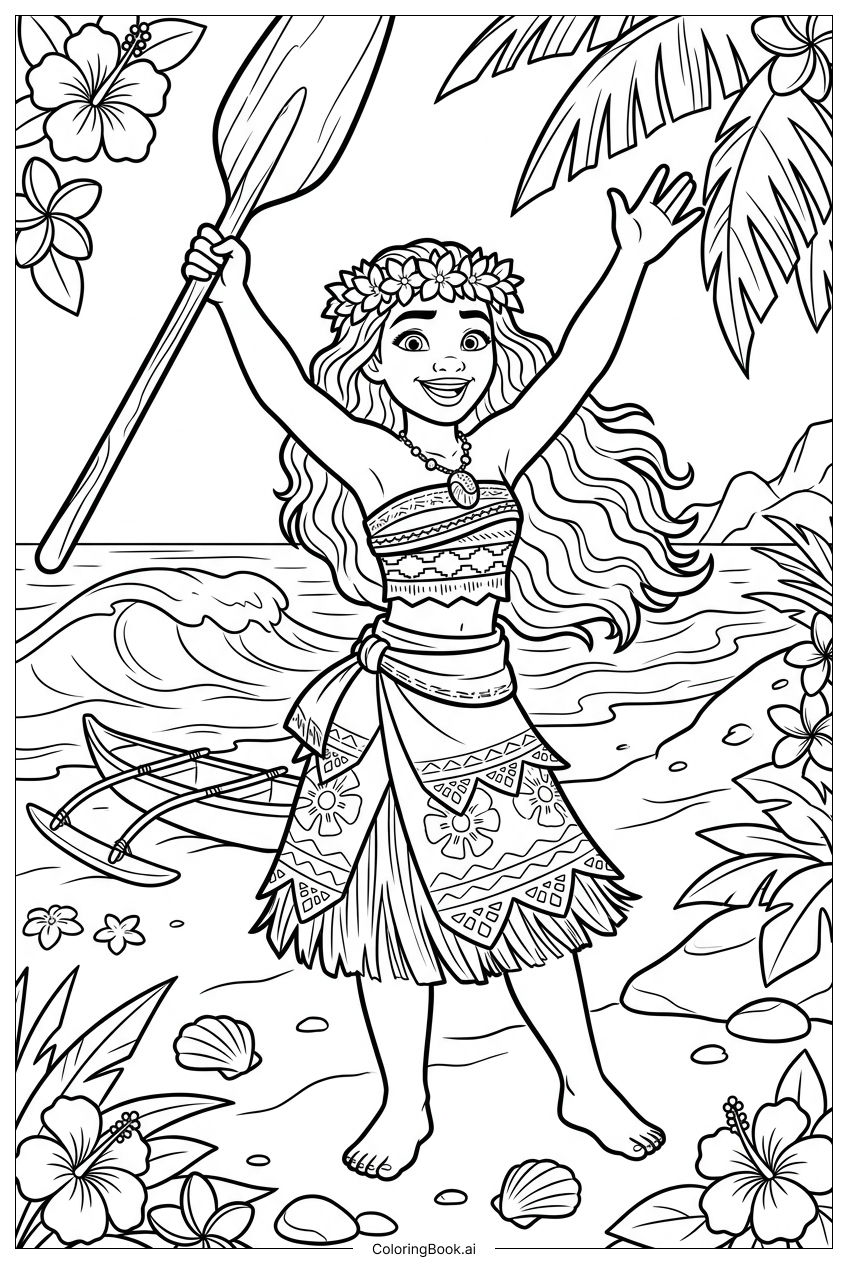  Moana Joyfully Lifts Paddle Near Lagoon Coloring Page 