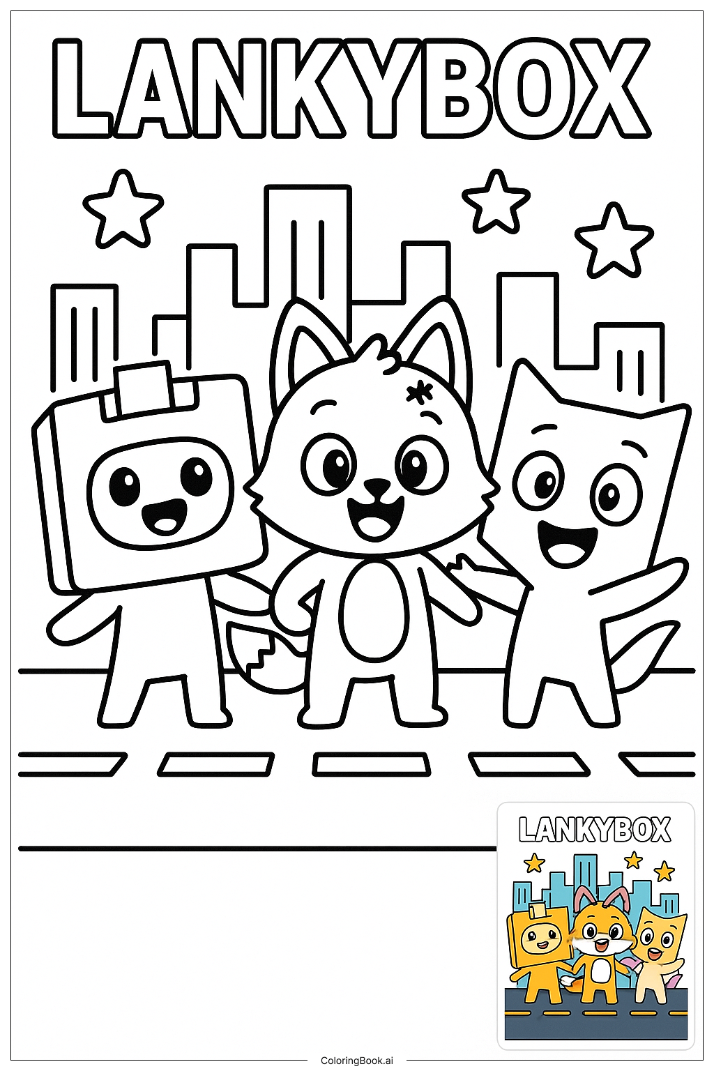  Lankybox Characters in Neon Cityscape Coloring Page 