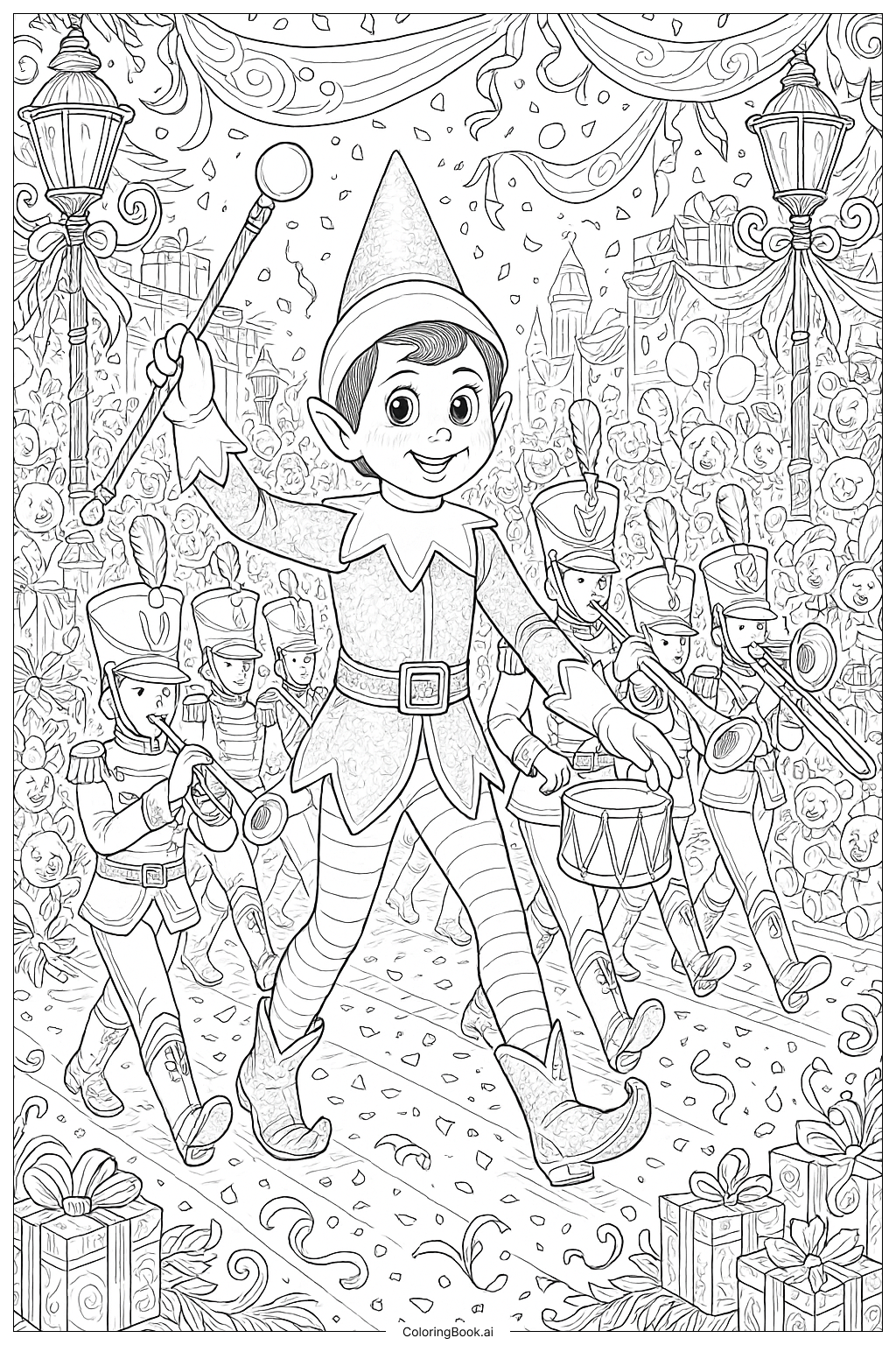  Página para colorir de Elfo na Prateleira Conduzindo um Desfile de Soldadinhos de Brinquedo 