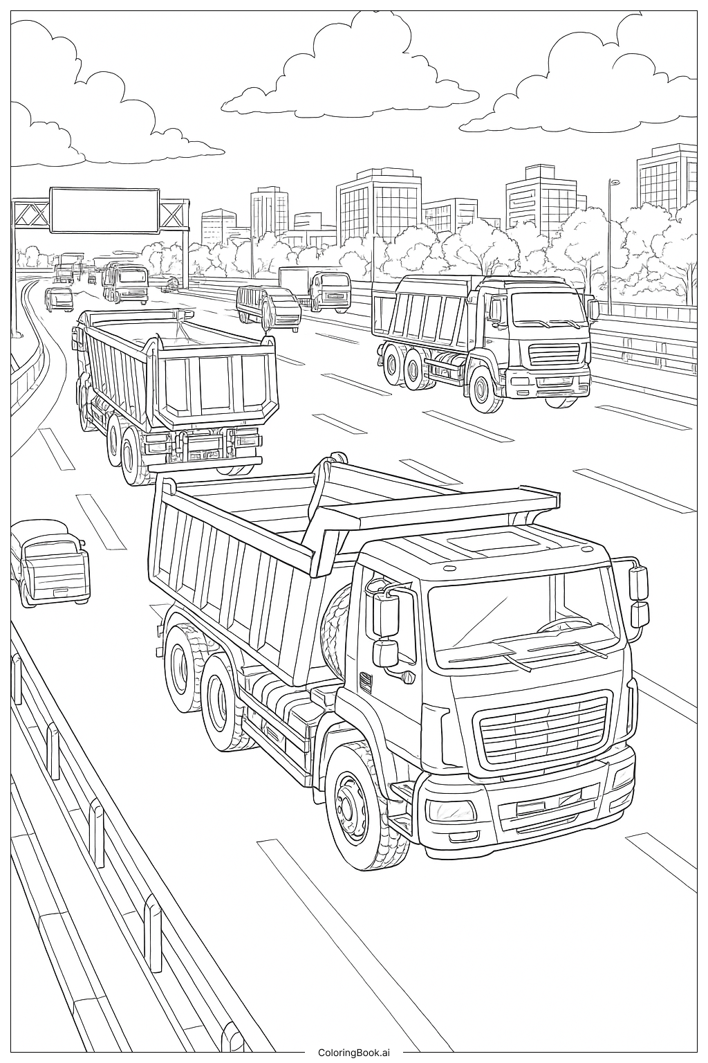 Eine Flotte von Muldenkippern auf einer Autobahn Ausmalseite