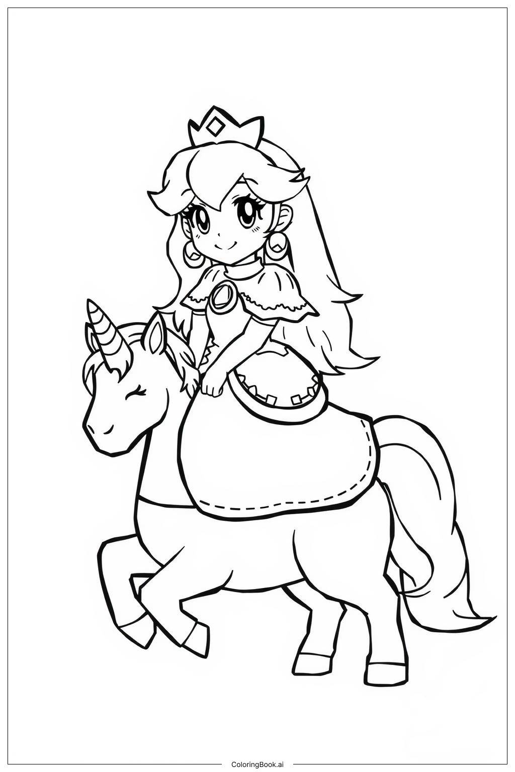  Page de coloriage La princesse Peach chevauchant une licorne à travers les nuages 