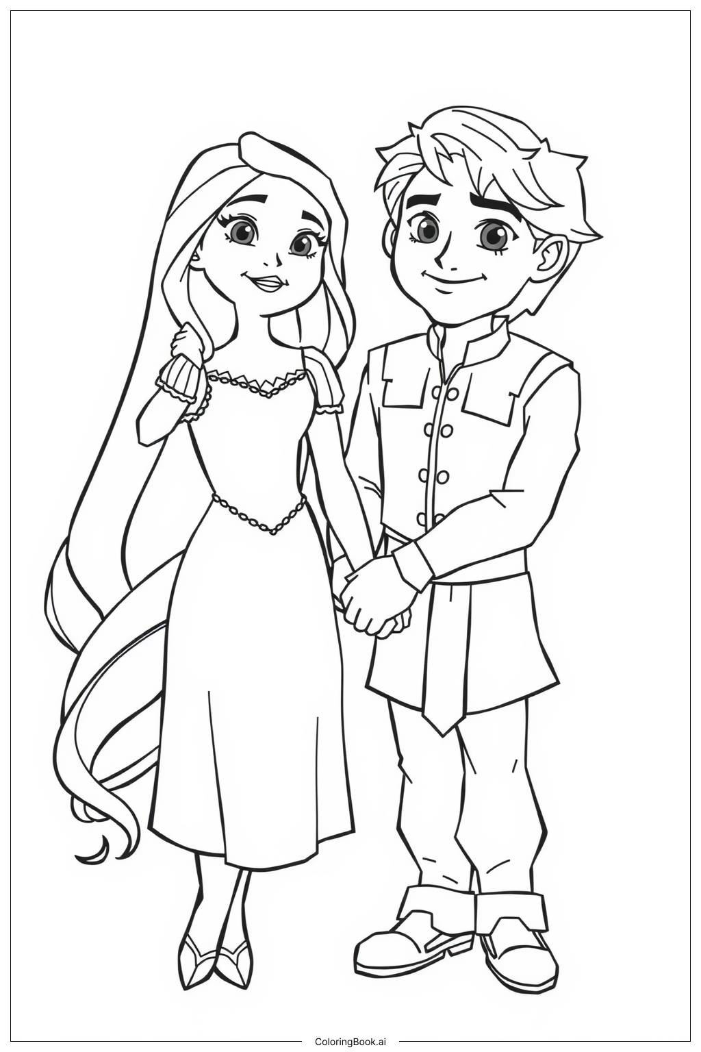  Página para colorir de Rapunzel e Flynn Enfrentando um Desafio Juntos 