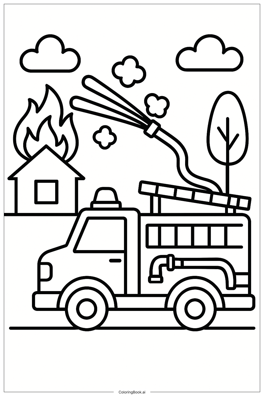 Camion de pompiers aspergeant de l'eau sur les flammes