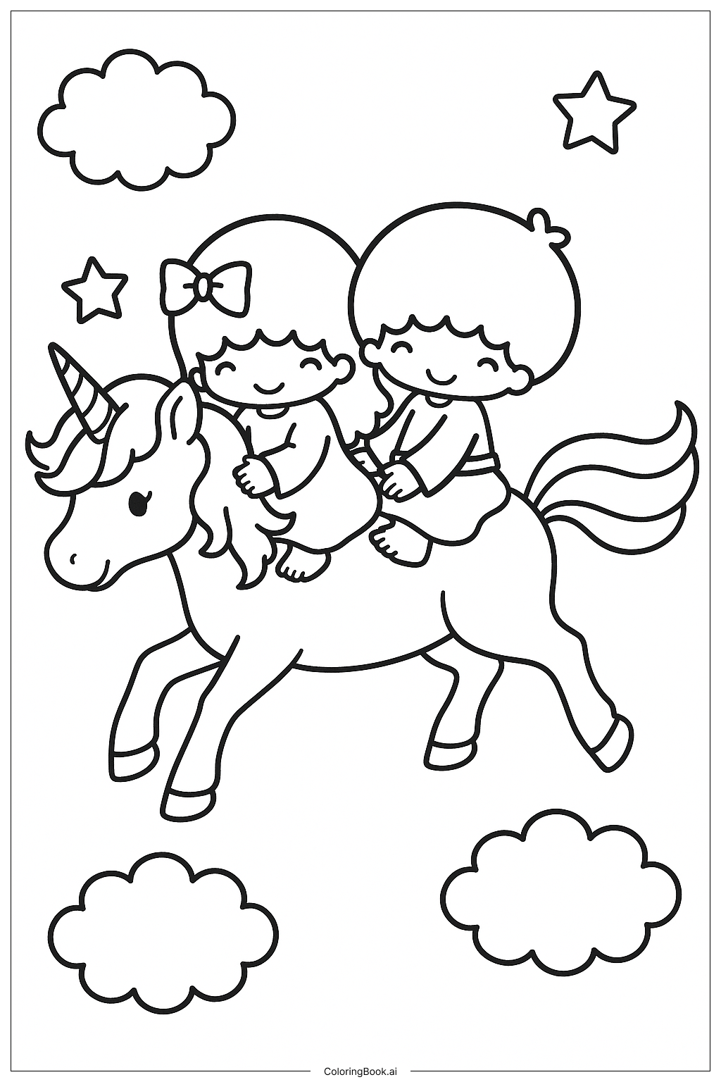  Little Twin Stars Riding A Magical Unicorn Coloring Page 