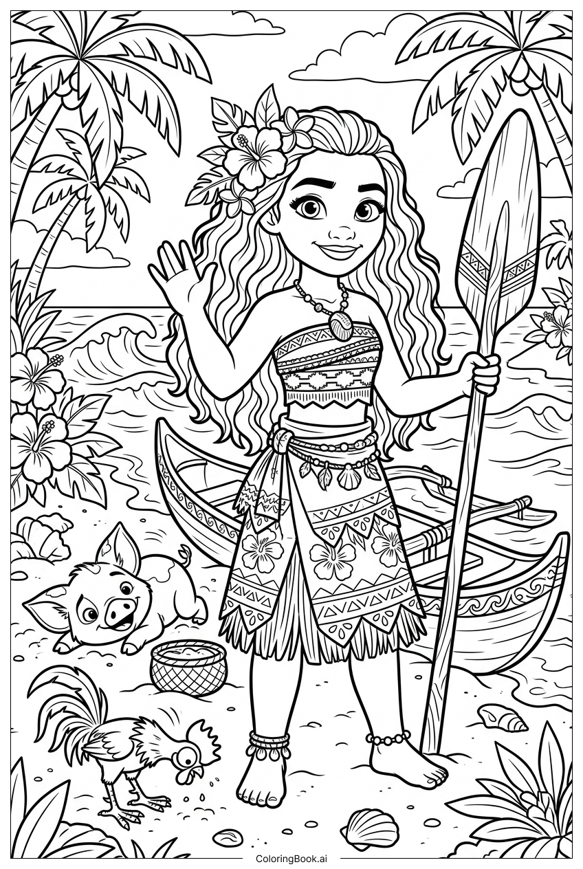  Moana Waves Hello Beside Outrigger Canoe Coloring Page 