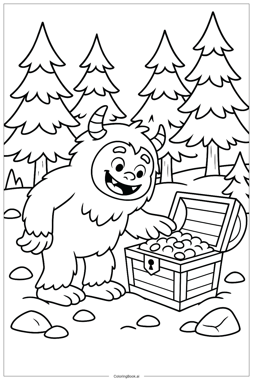  Page de coloriage Yéti découvrant un coffre au trésor caché 