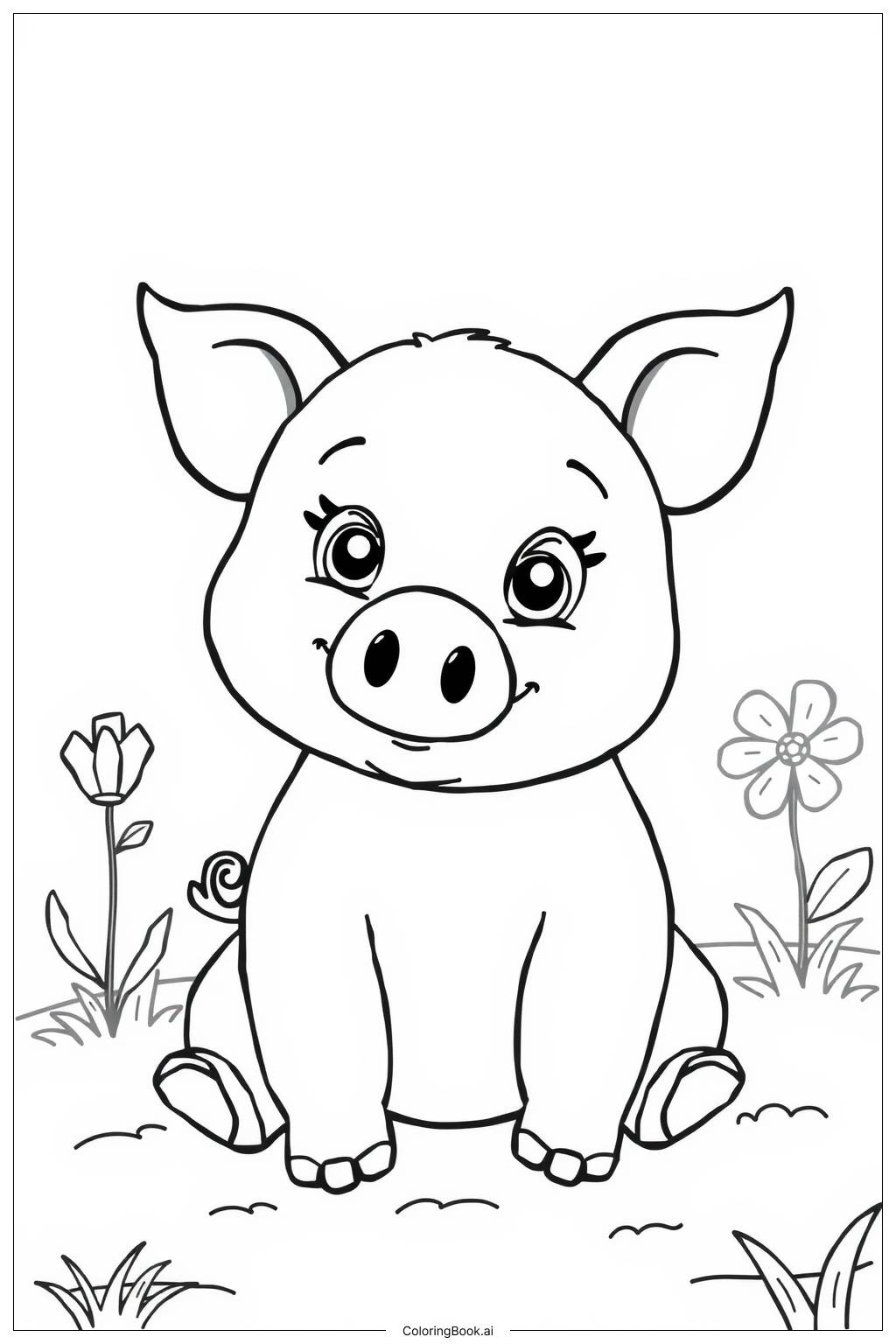  Page de coloriage Kawaii Cochon Mignon avec Grands Yeux 