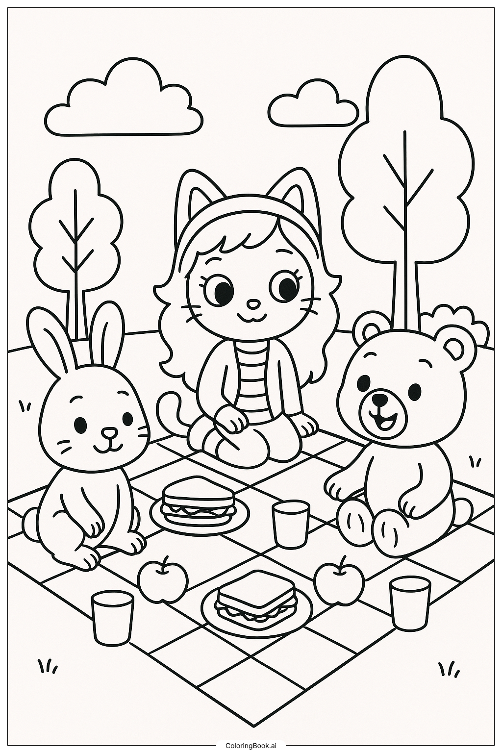  Gabby Cat Having A Picnic With Friends Coloring Page 