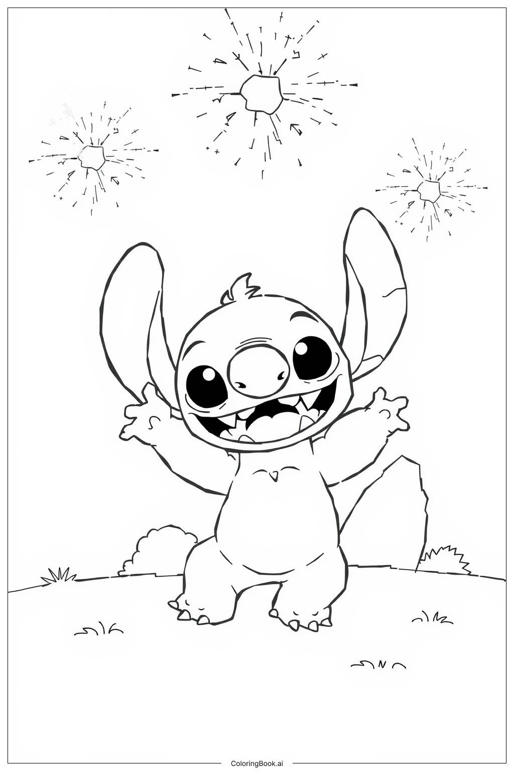  Stitch Dancing Under Fireworks at Night Coloring Page 