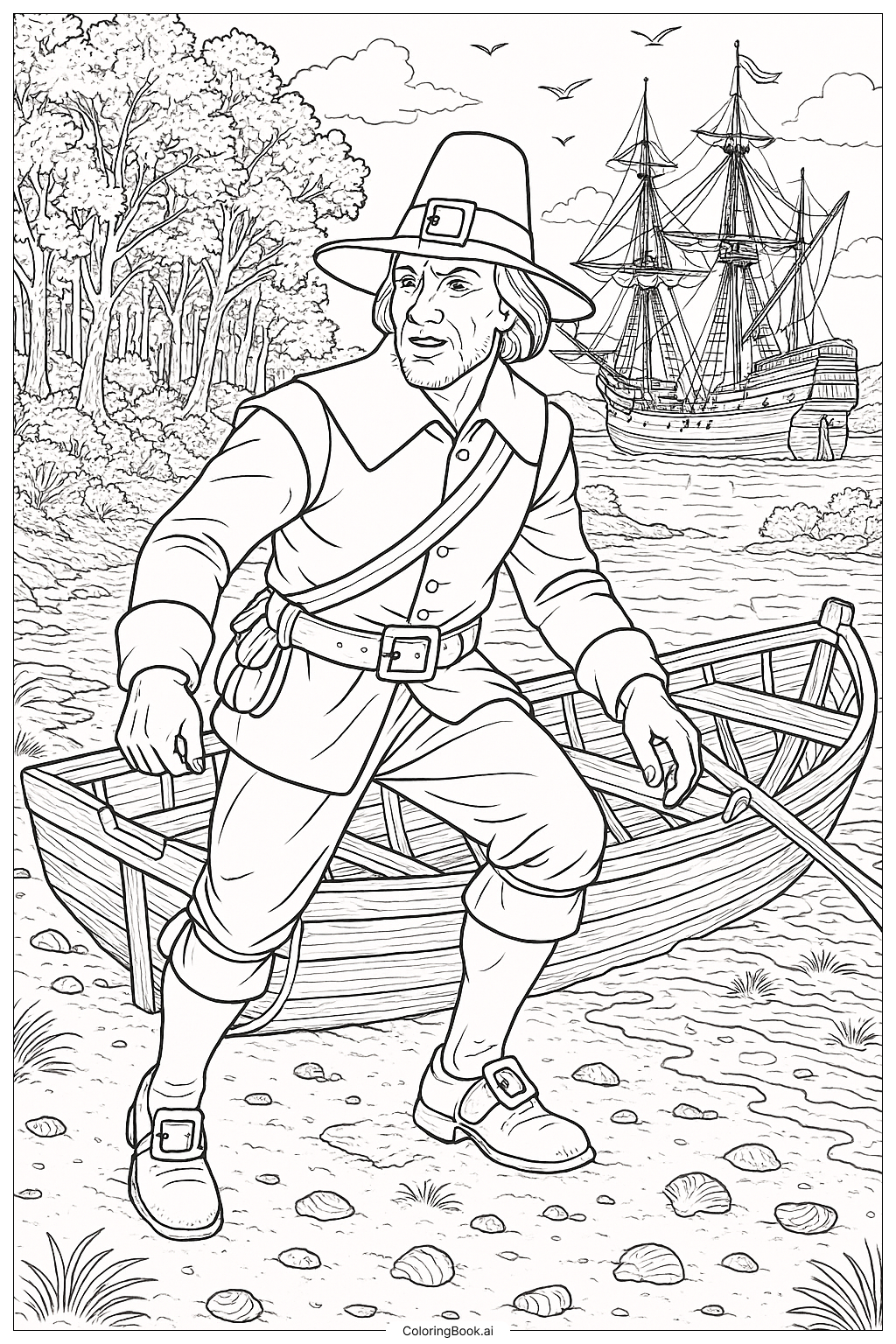  메이플라워호에서 도착하는 필그림 색칠공부 페이지 