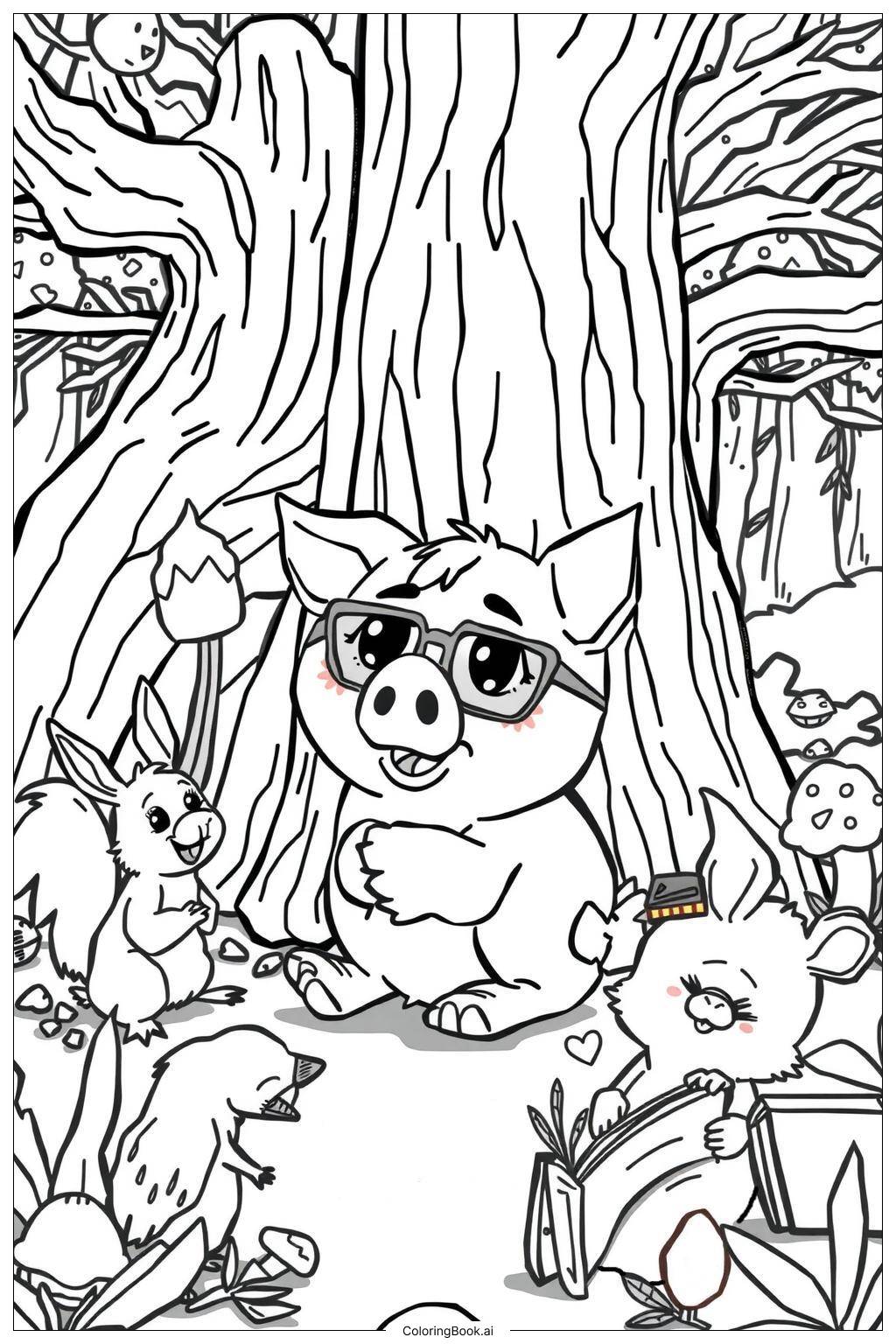  Page de coloriage Histoire de Cochon avec des Amis Sous un Arbre-2 