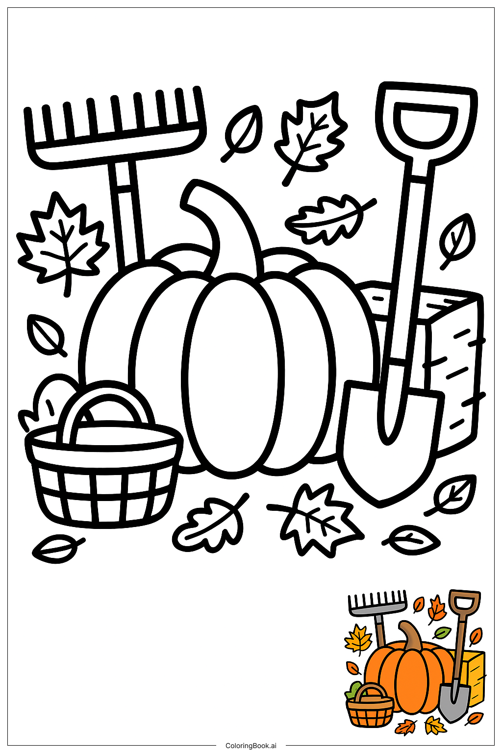  Página para colorear de Calabaza Con Herramientas de Cosecha 