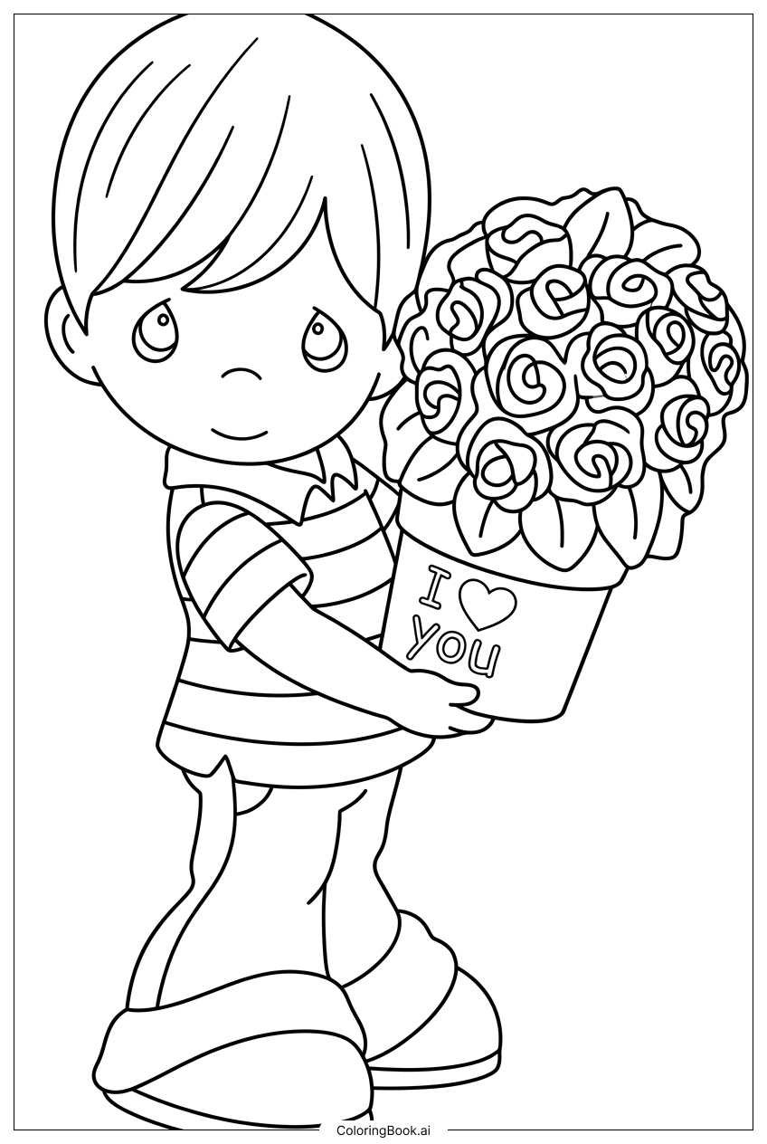  Página para colorear de Niño de Precious Moments que trae rosas con amor 