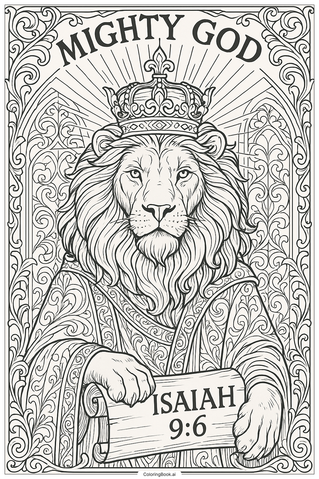  Página para colorir de Deus Poderoso Isaías 9:6 com um Leão Majestoso 