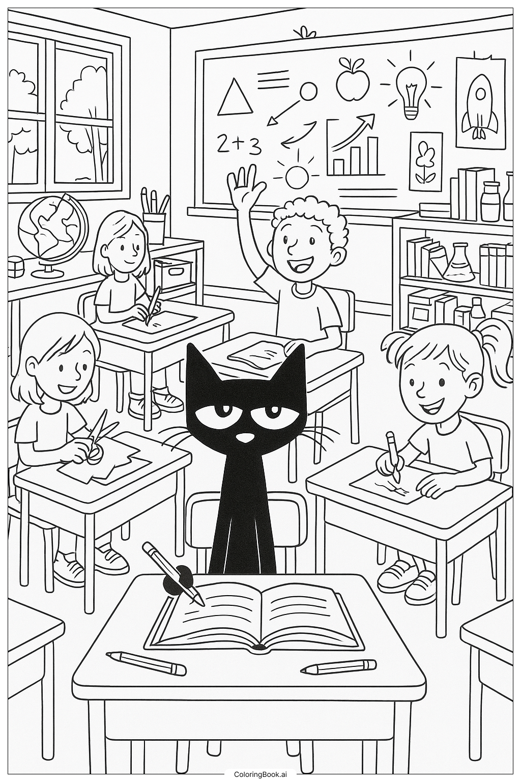  繁忙教室里的皮特猫填色页 