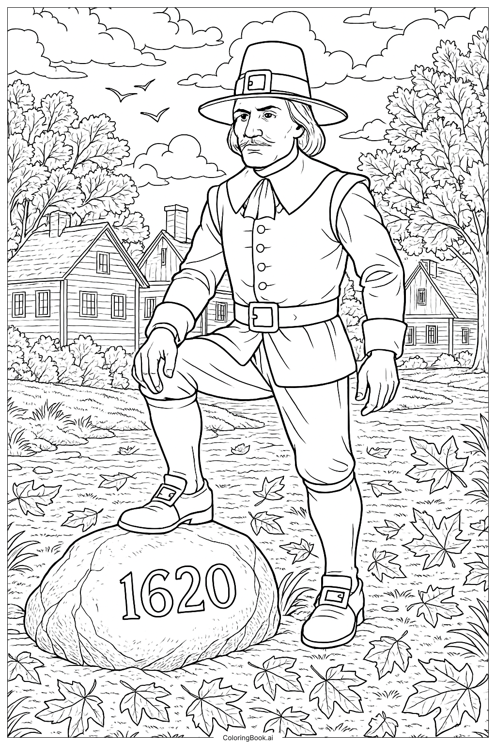  플리머스 락에 발을 디딘 필그림 색칠공부 페이지 