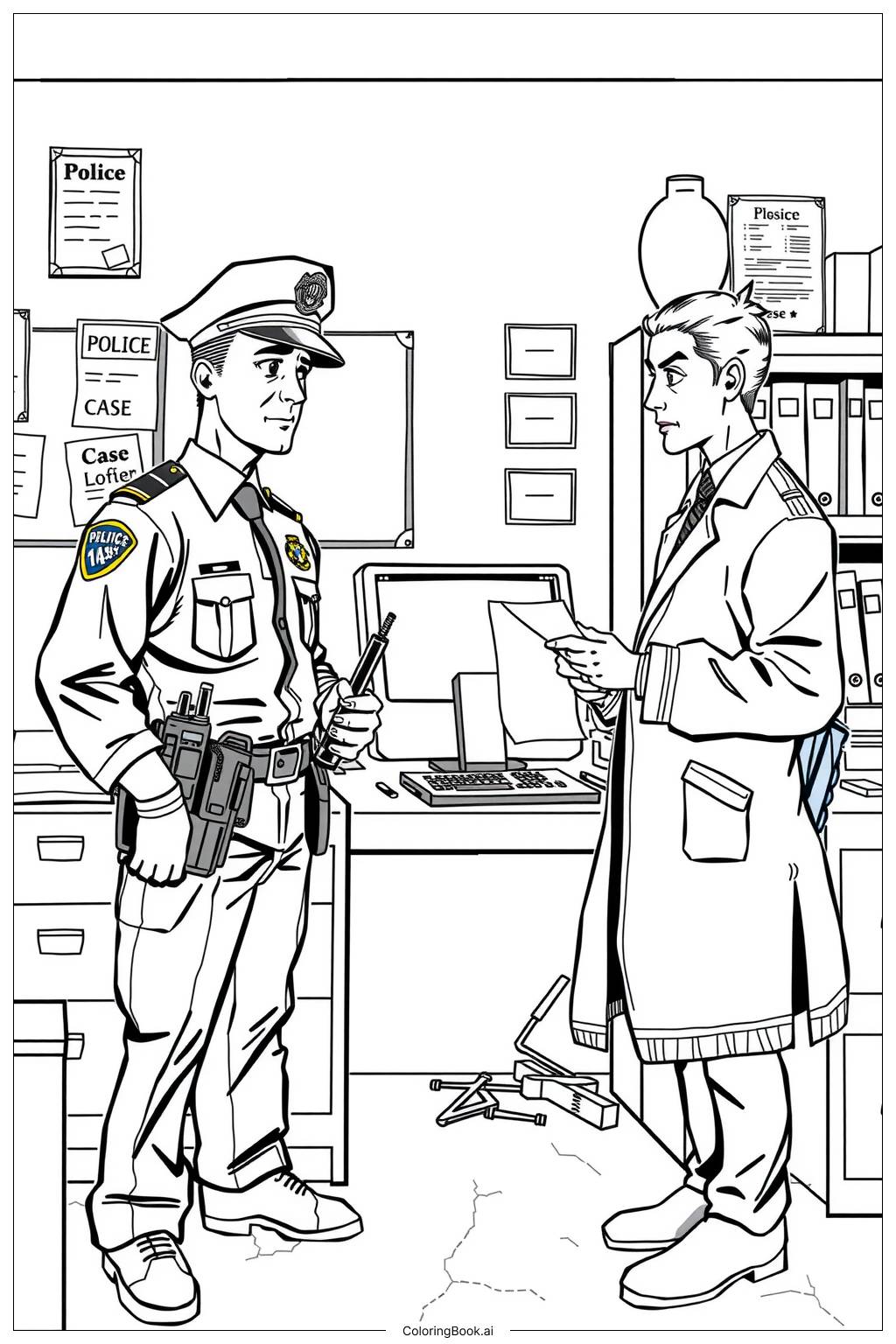  Police Officers Solving a Mystery Together Coloring Page 