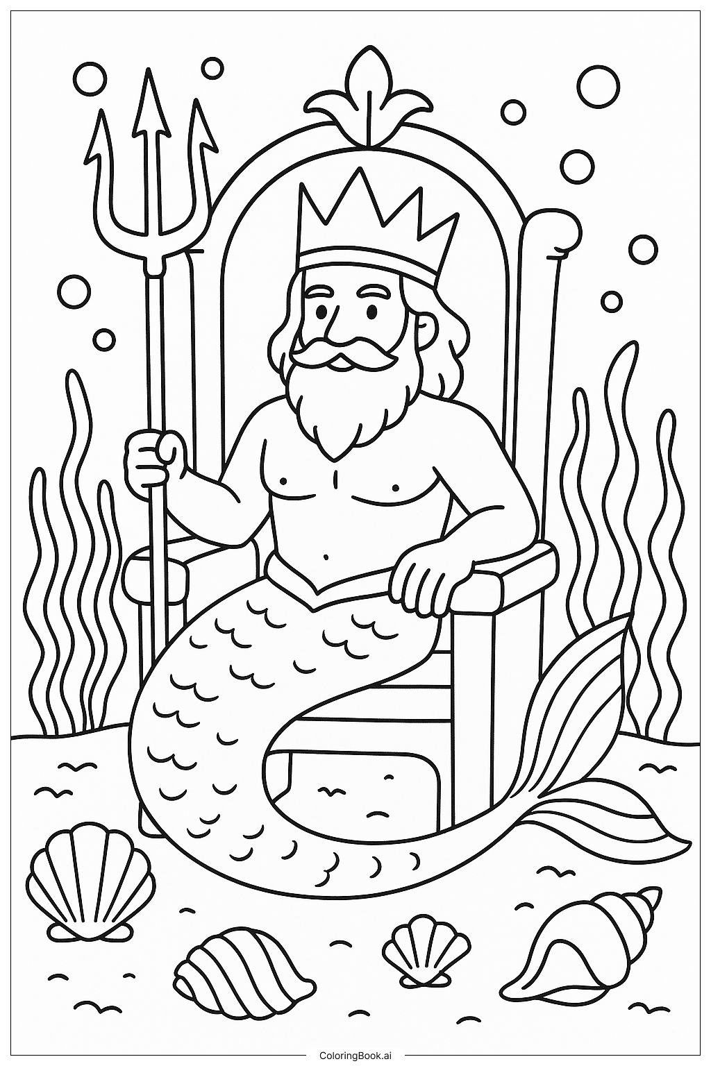  Merman King On Throne Under The Sea Coloring Page 