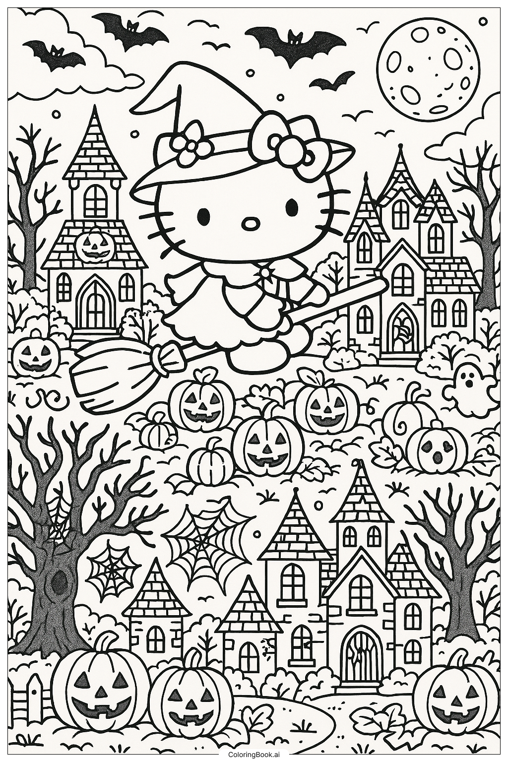  Trang tô màu Hello Kitty Bay Qua Một Thị Trấn Halloween 