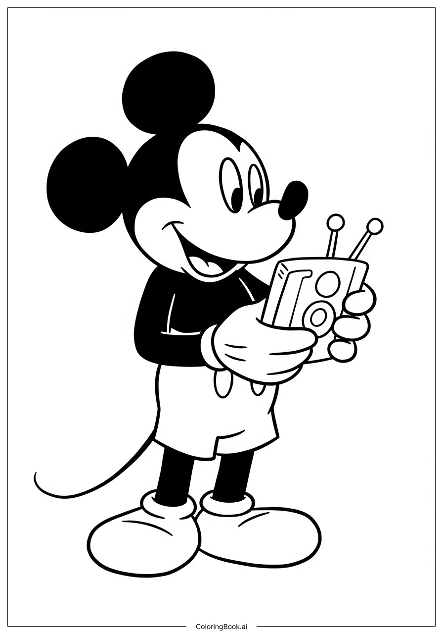  Página para colorear de Mickey Mouse sosteniendo el dispositivo Toodles 