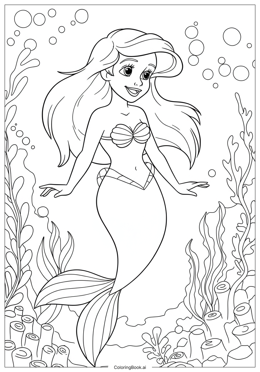  Página para colorear de Ariel girando con algas brillantes 