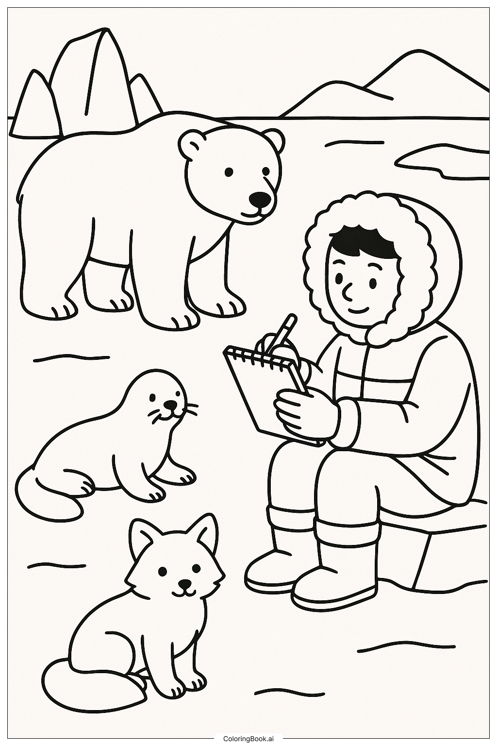 一位探險家在描繪北極動物著色頁