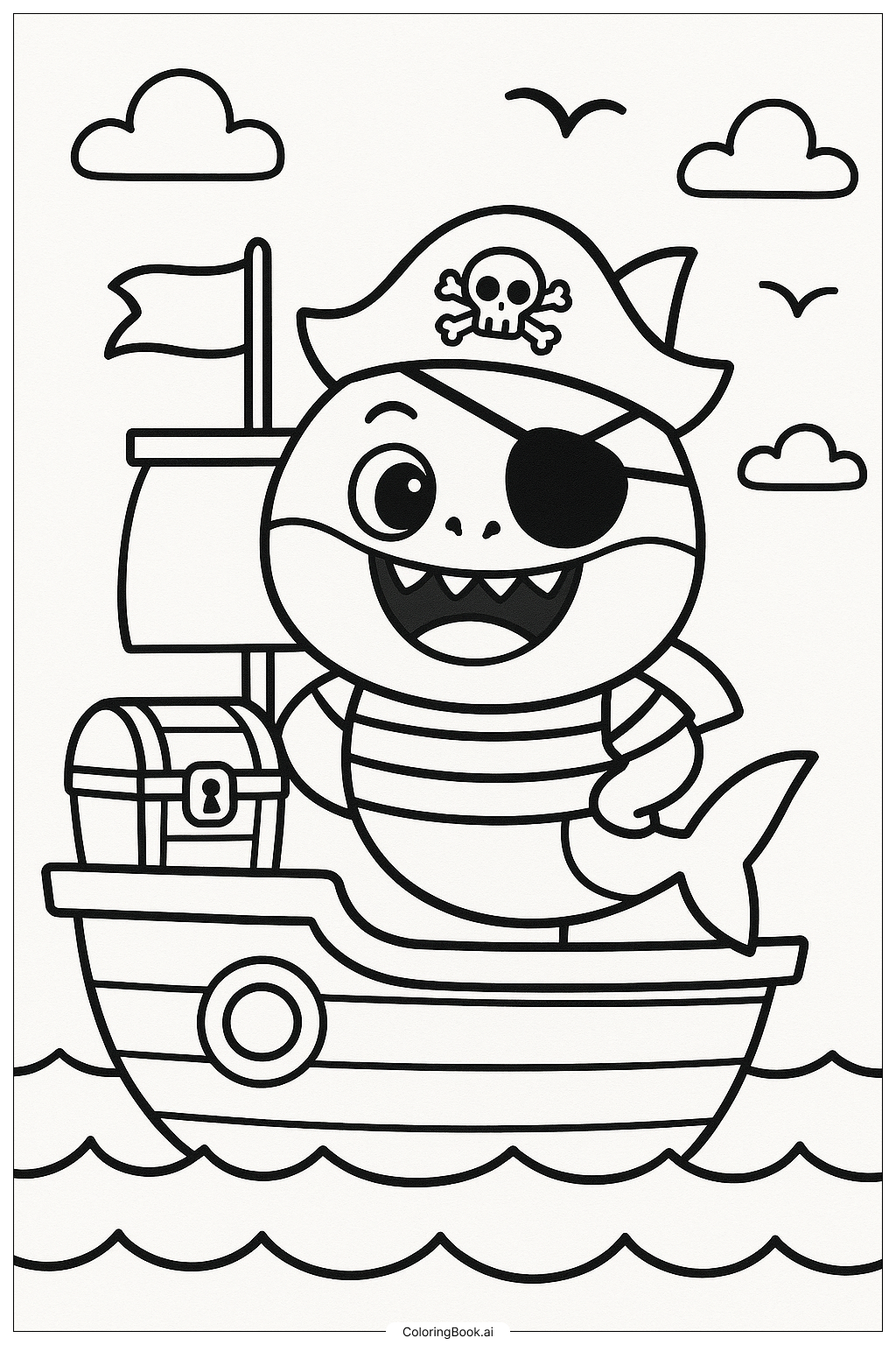  海賊の船のベビーシャークの塗り絵ページ 