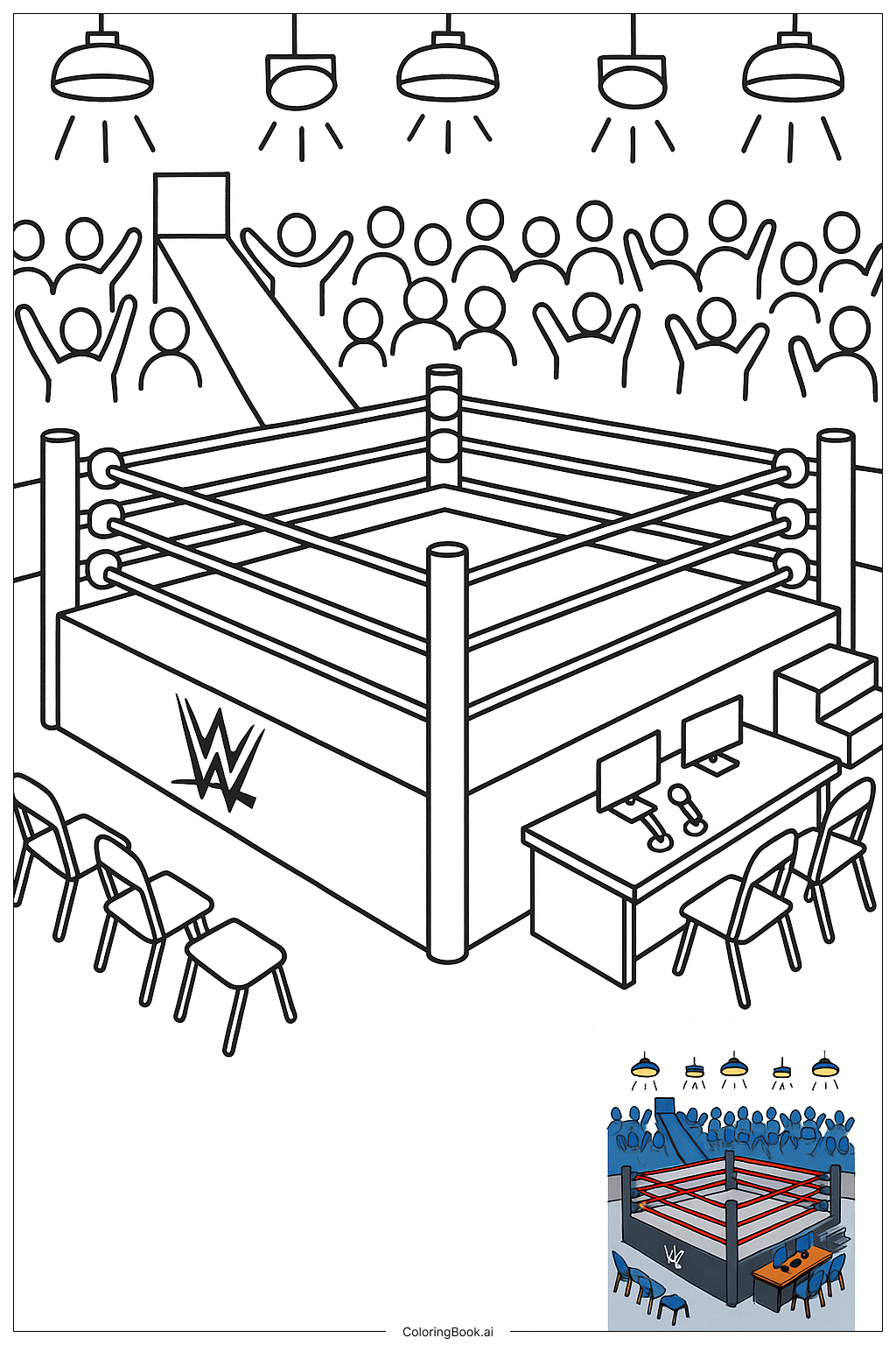 Trang tô màu Sân Đấu WWE Với Bàn Bình Luận