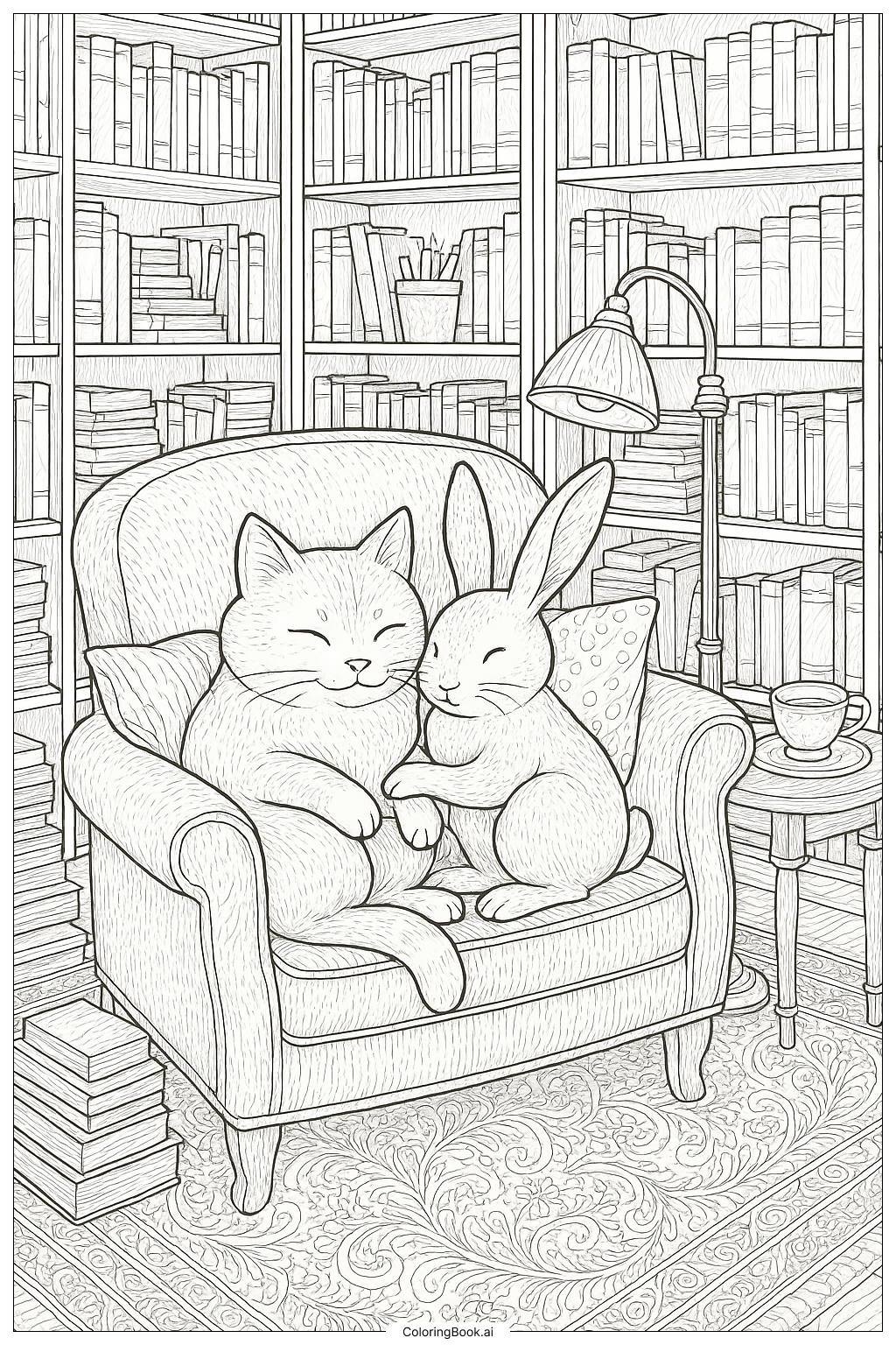 Cozy Friends In A Detailed Library Coloring Page
