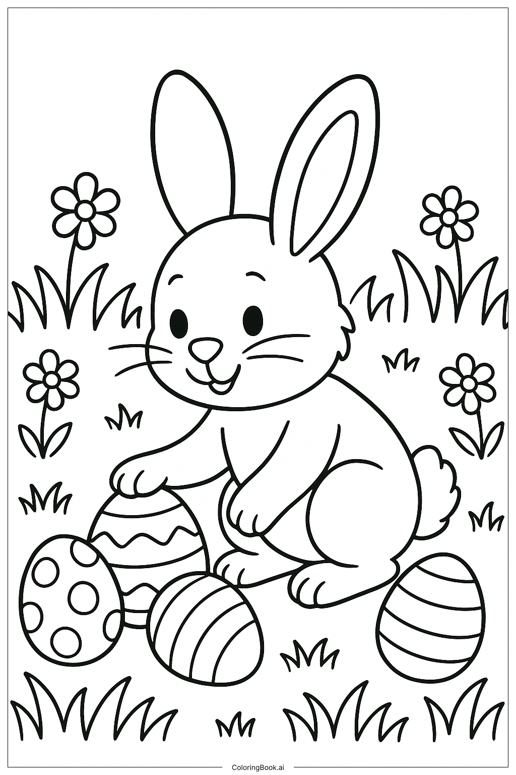 Easter Bunny Hiding Eggs Coloring Page