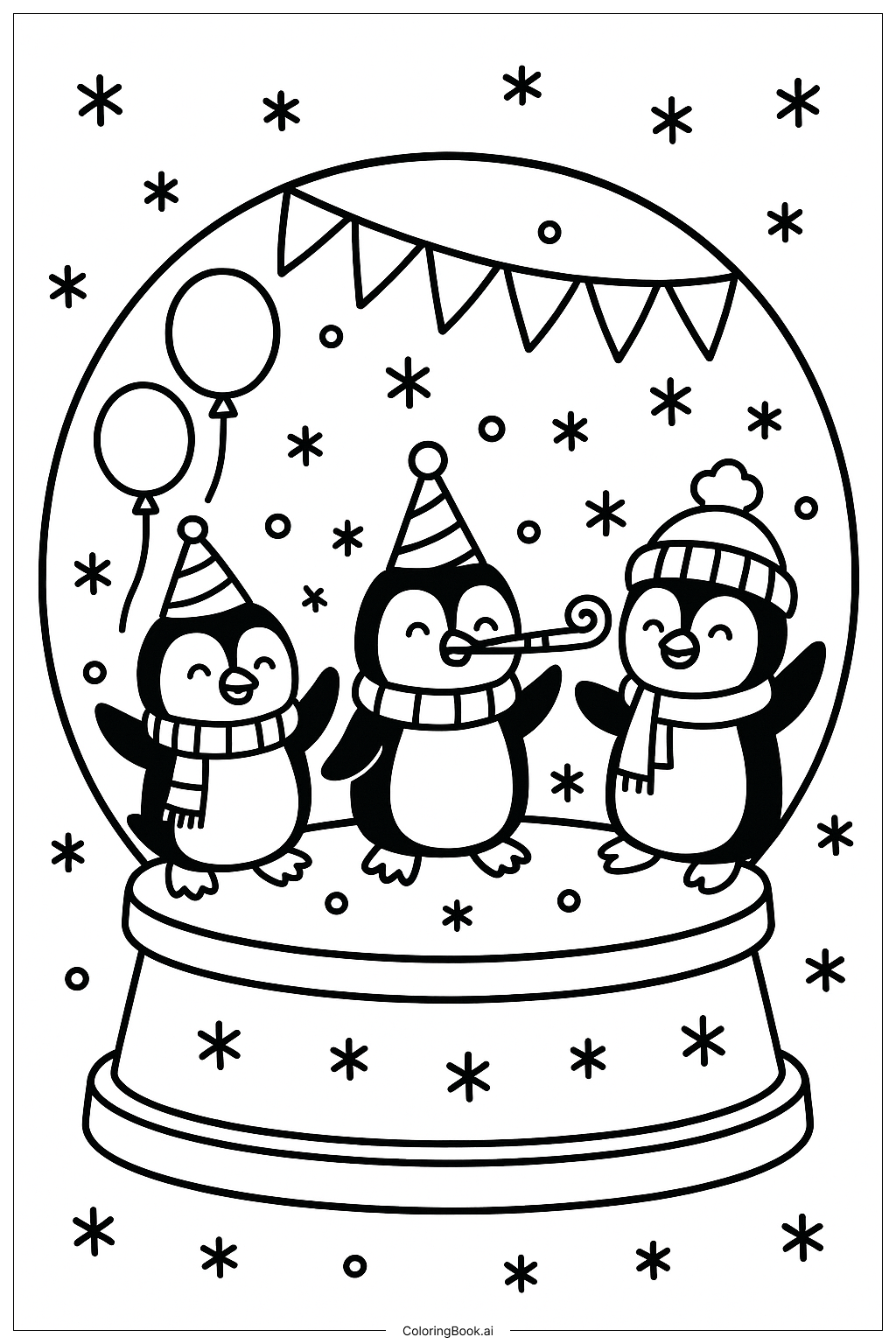 スノードームの中のペンギンパーティーの塗り絵ページ