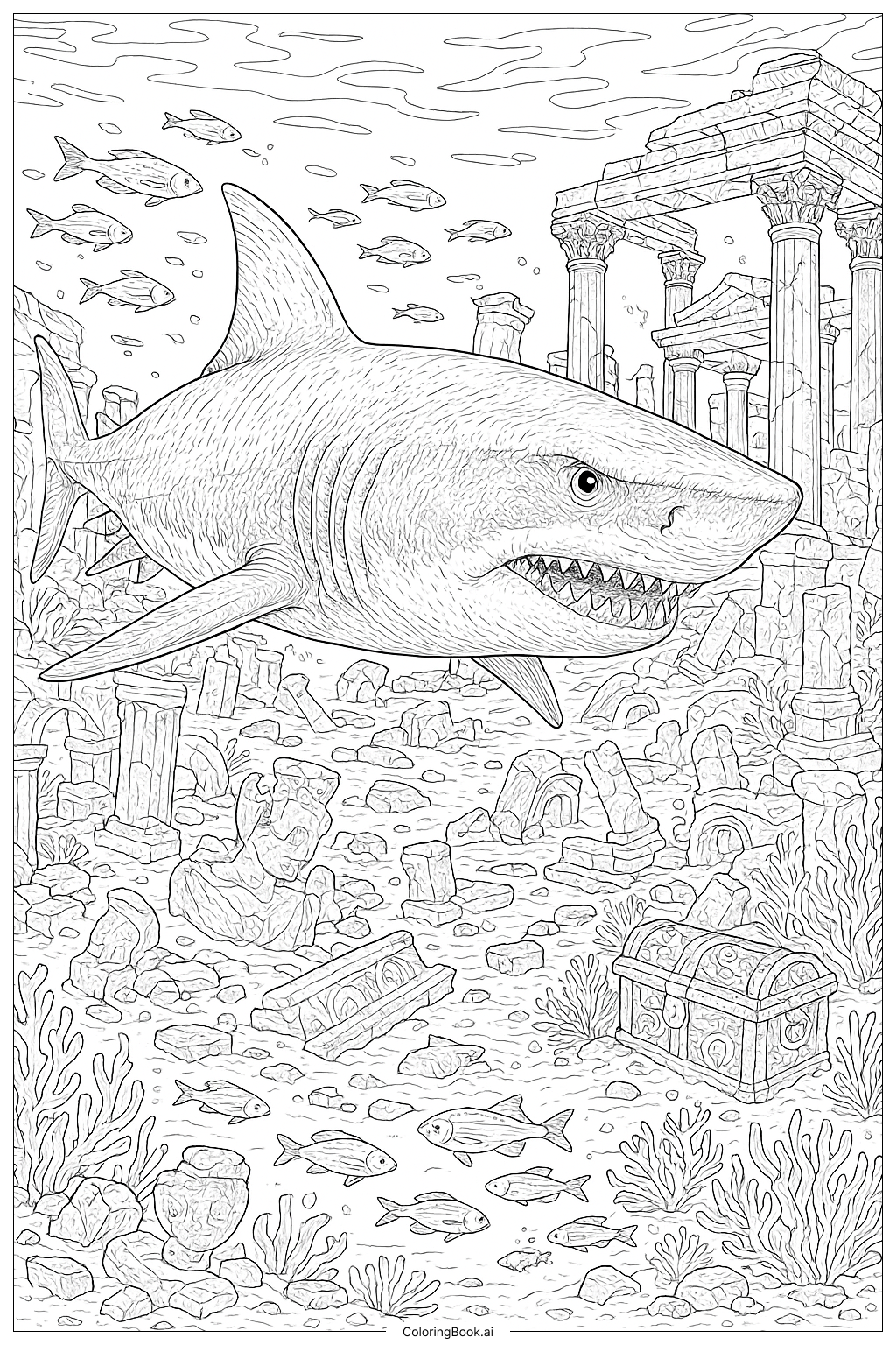  Detaillierter Megalodon in einer versunkenen Stadt Ausmalseite 