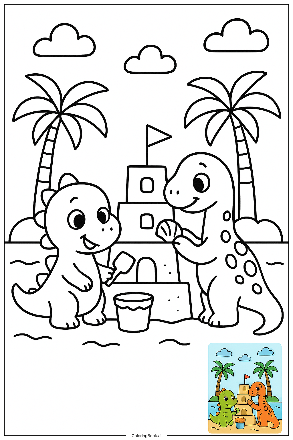  Page de coloriage Amis dinosaures construisant un château de sable 