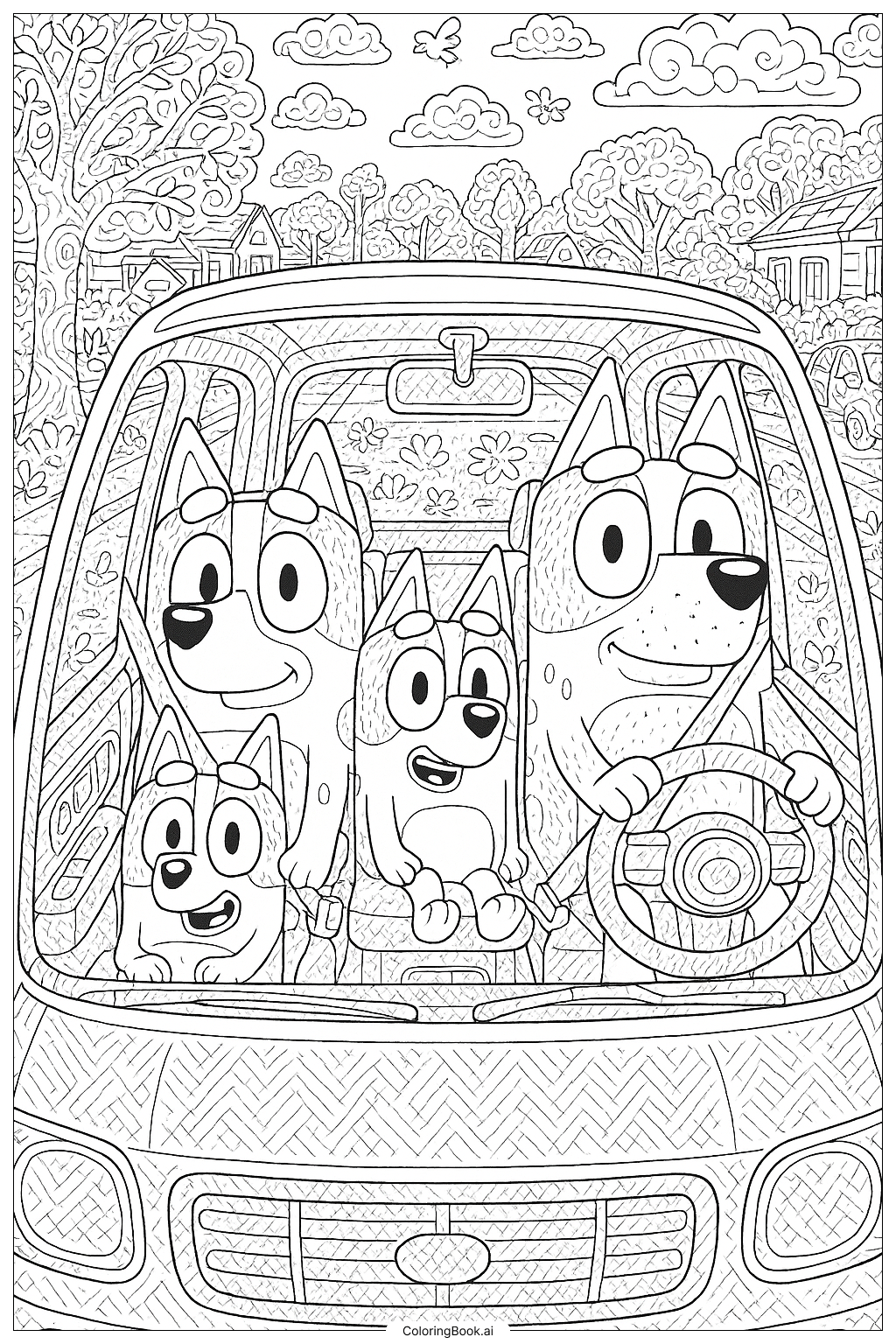  Page de coloriage Bluey et toute la famille Heeler dans la voiture 