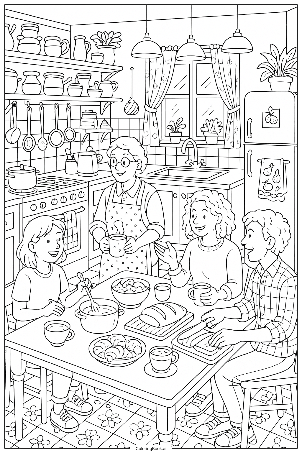  Gemütliche Freunde in einer gemütlichen Küche Ausmalseite 