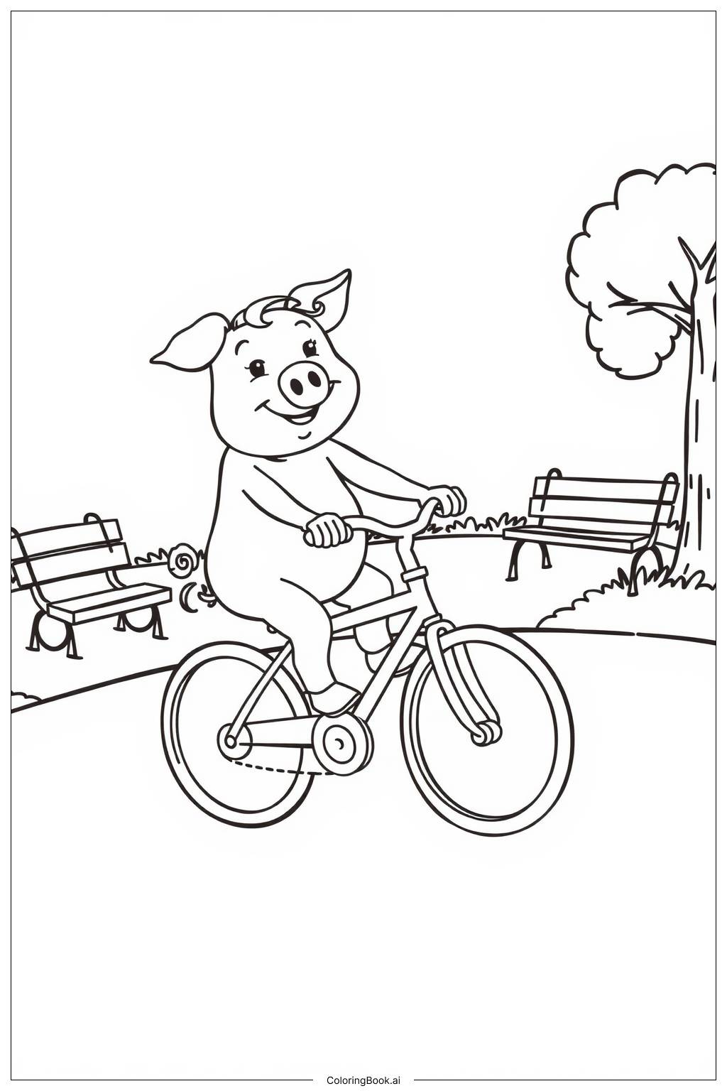  Page de coloriage Cochon faisant du vélo dans le parc 