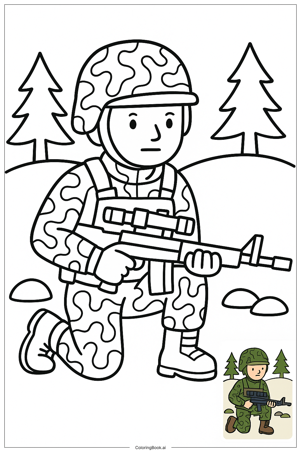  Page de coloriage Soldat de l'Armée Sniper en Camouflage 