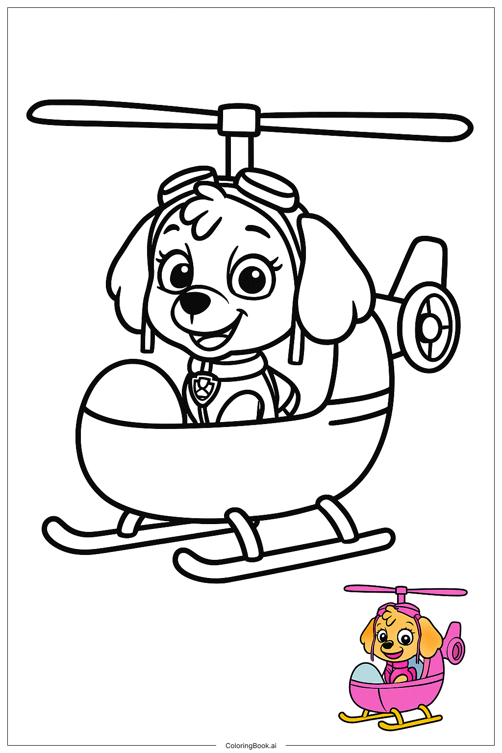  Página para colorir de Paw Patrol Skye No Helicóptero Rosa 