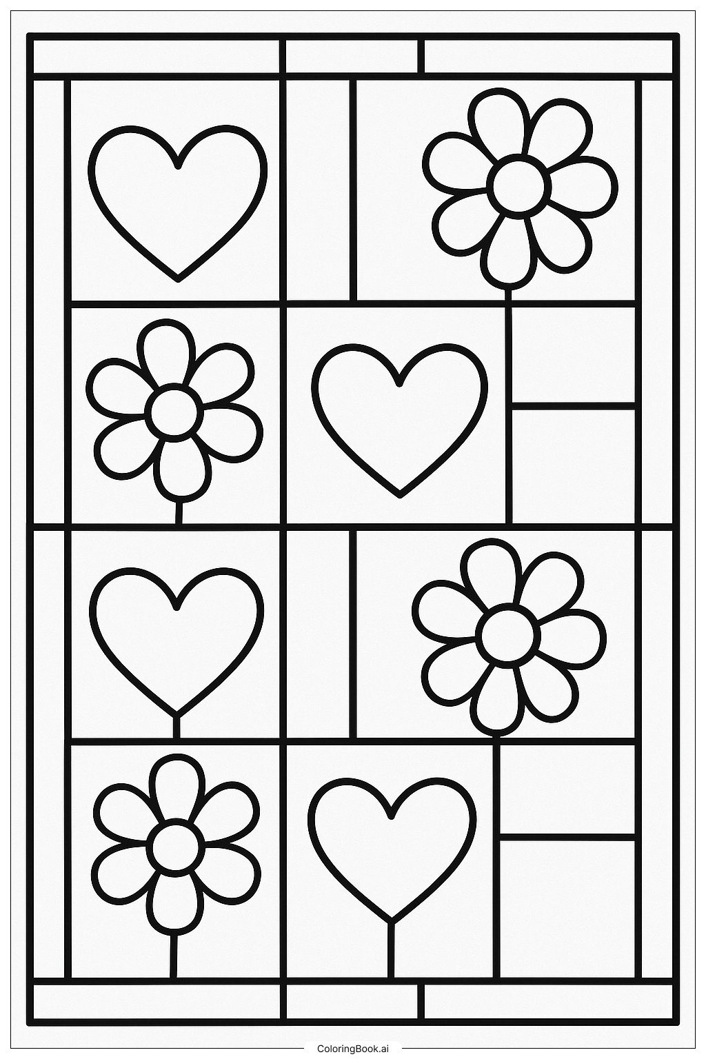  A Stained Glass Window Of Hearts and Flowers Coloring Page 