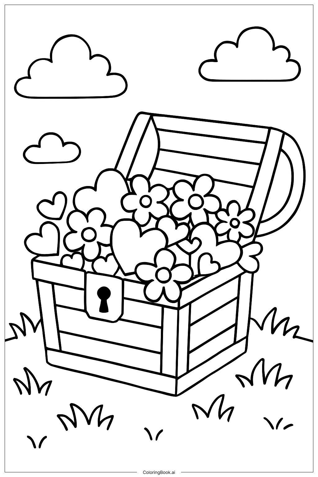  A Treasure Chest Overflowing With Hearts and Flowers Coloring Page 