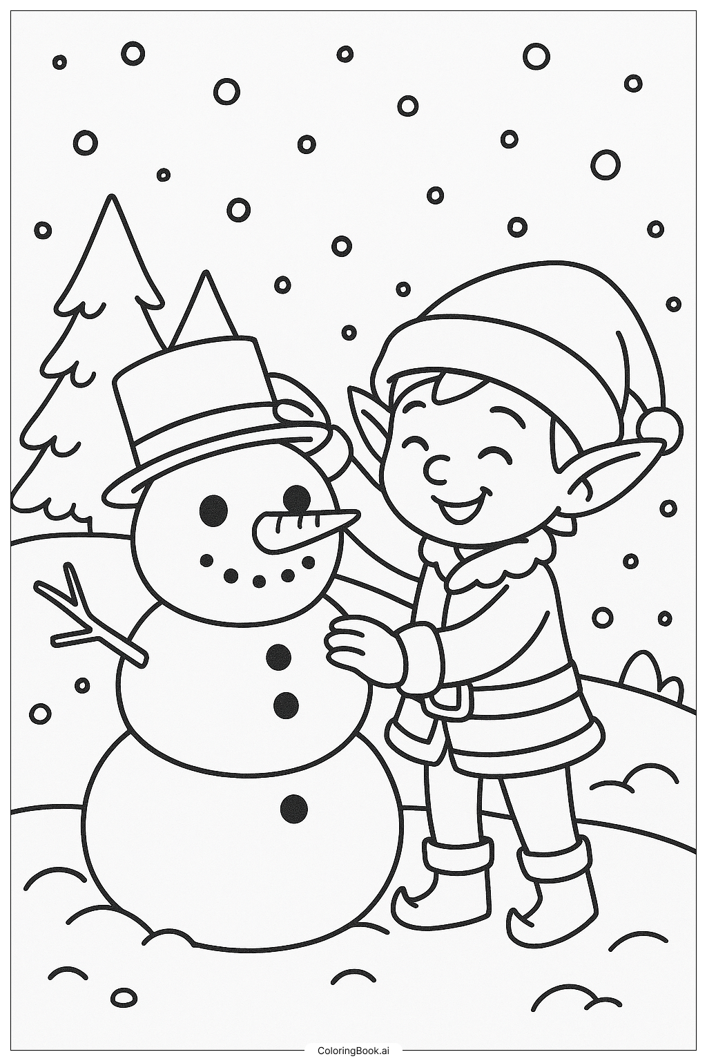  Página para colorir de Um Duende de Inverno Construindo um Boneco de Neve 