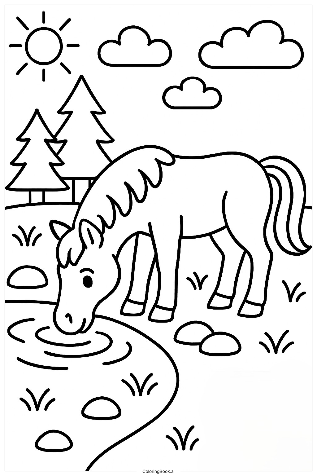  森の小川で水を飲む馬の塗り絵ページ 