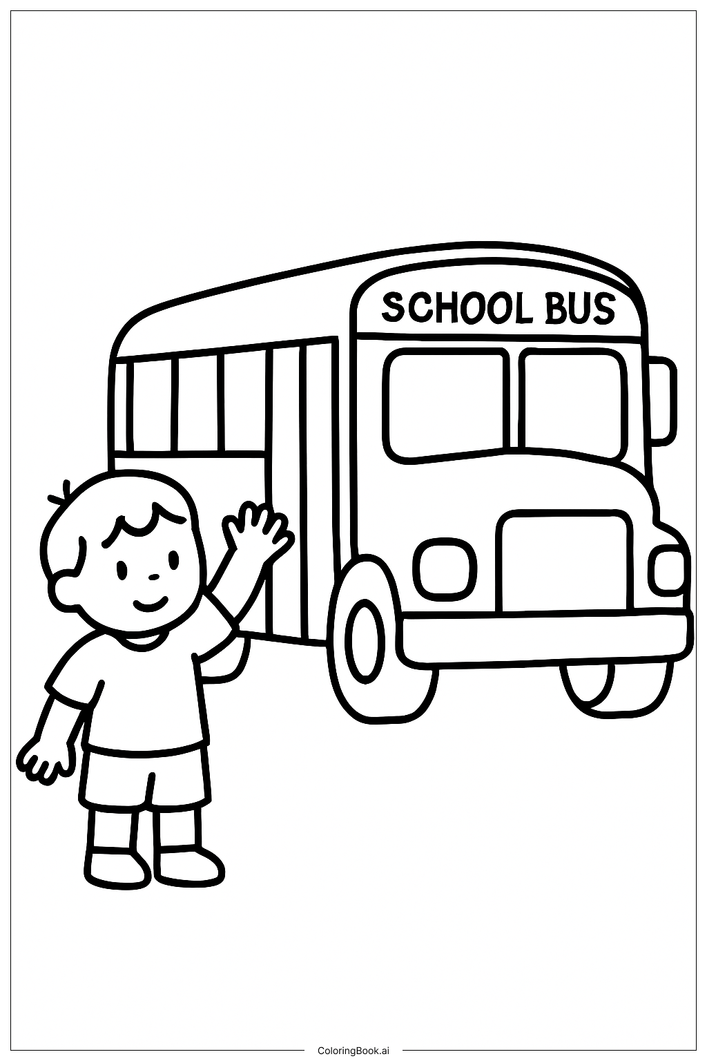 Ein Kind winkt dem Schulbus zu Ausmalseite 