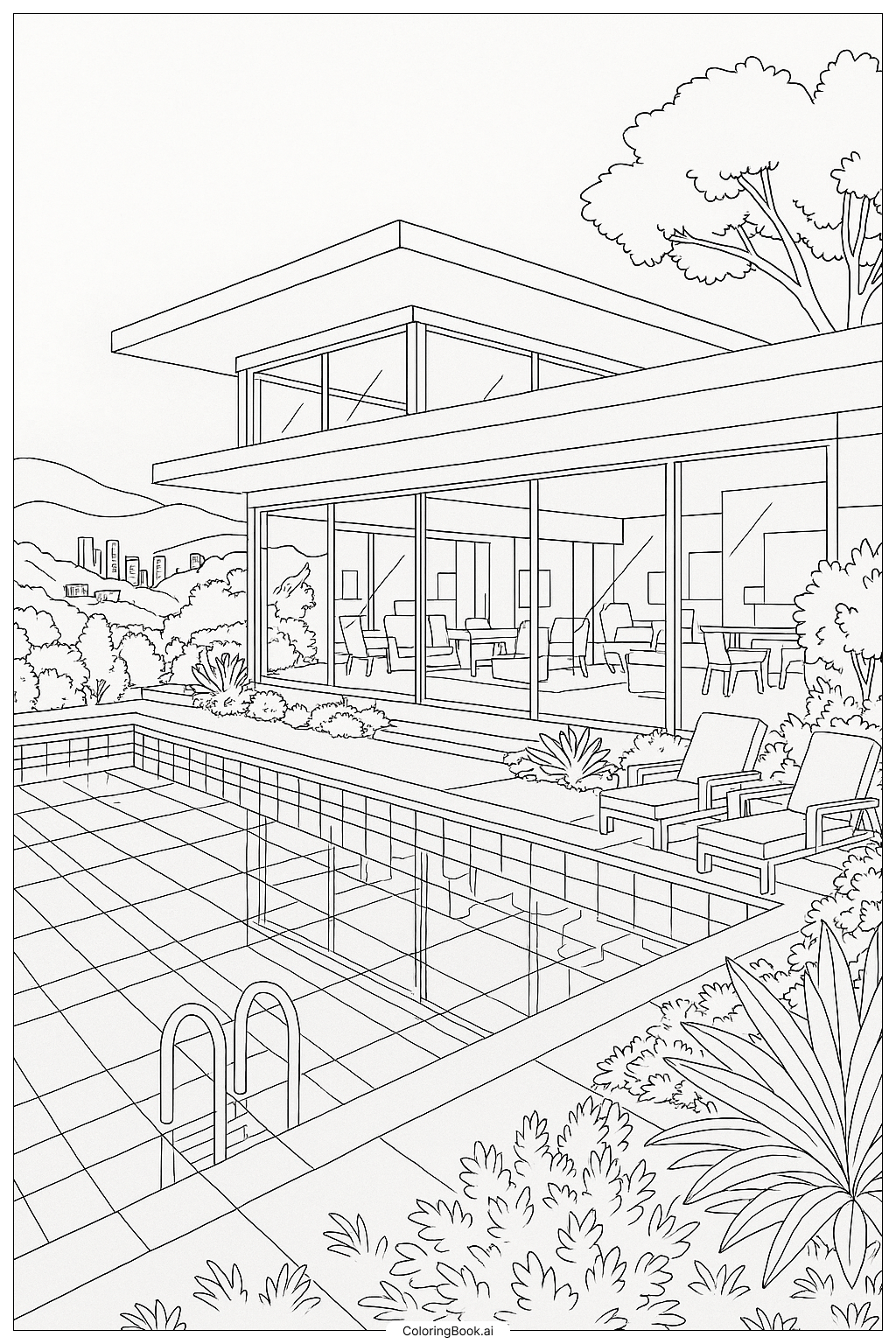  Page de coloriage Vue détaillée de la maison et de la piscine de Bojack Horseman 