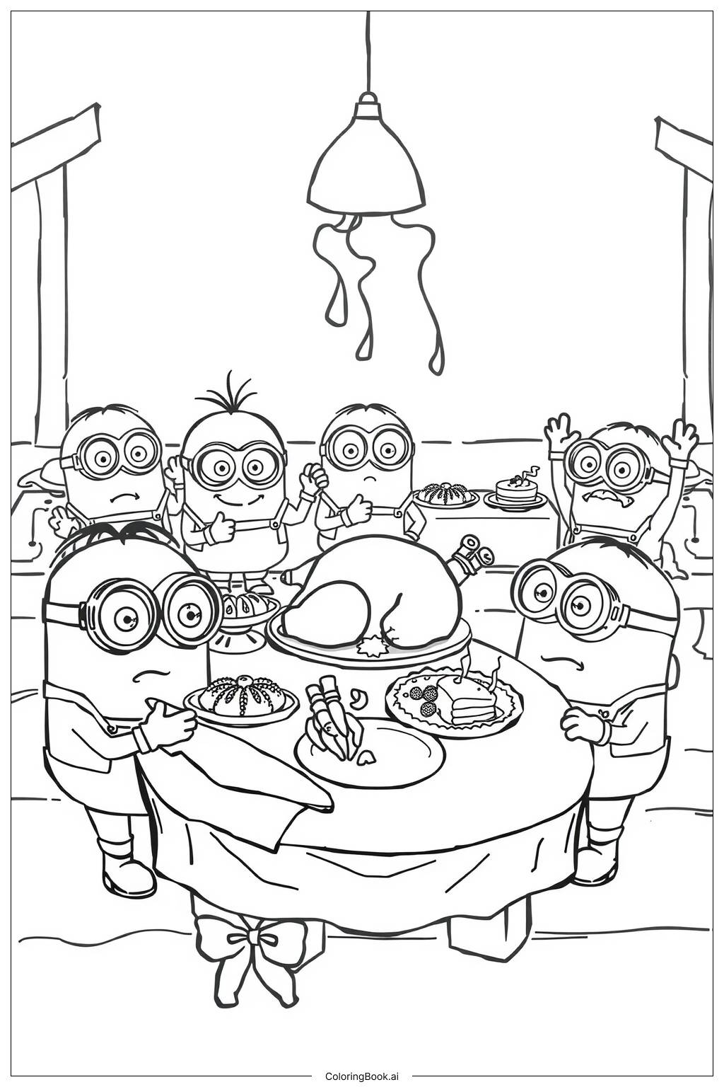  minions celebrating thanksgiving with a feast Coloring Page 