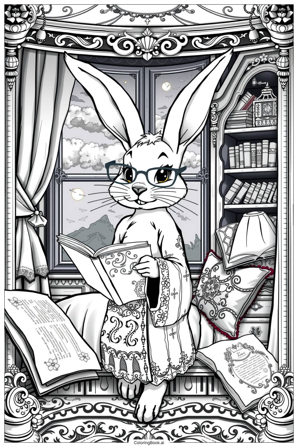  Bunny Reading Bedtime Story Coloring Page 