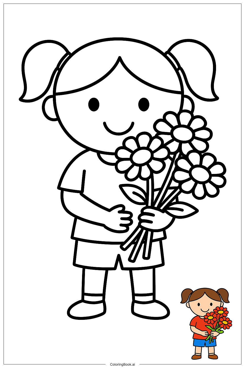  小女孩拿着百日菊花束填色页 