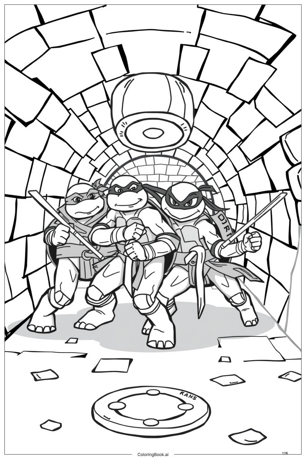  Page de coloriage les tortues ninja combattant des méchants ensemble 