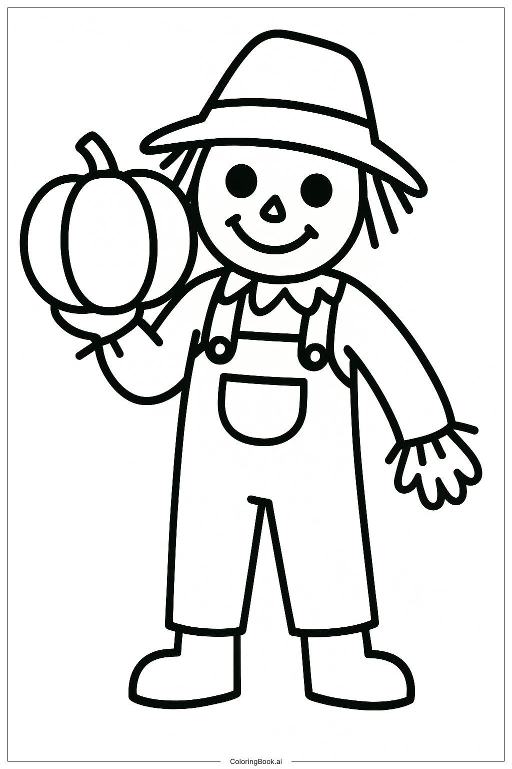  Happy Scarecrow Holding A Pumpkinの塗り絵ページ 
